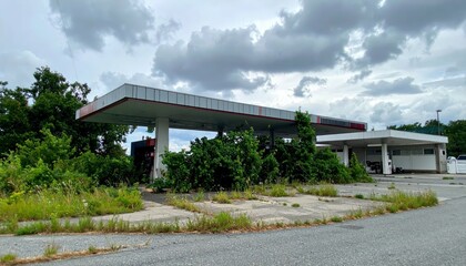 Fototapeta premium Abandoned Gas Station Surrounded by Overgrown Vegetation and Clouds