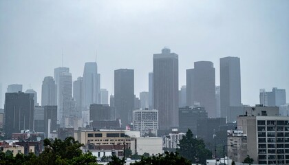 City Skyline in Foggy Weather with Tall Buildings and Urban Landscape