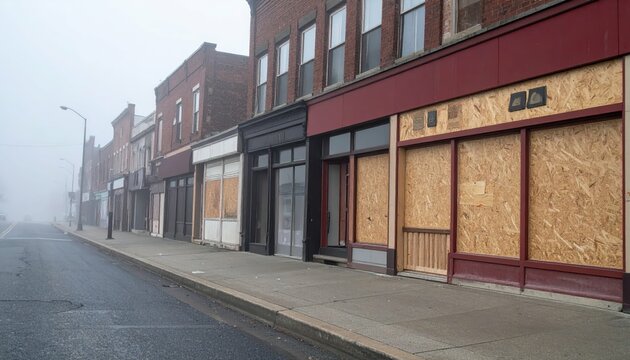 Abandoned storefronts with boarded windows in a foggy urban setting