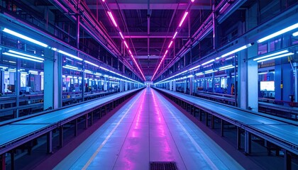 Futuristic Warehouse Interior with Neon Lights and Empty Aisles