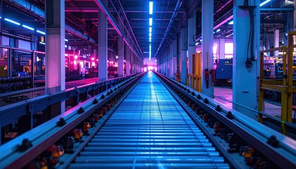 Fototapeta premium Industrial Warehouse Interior with Conveyor Belt and Neon Lighting