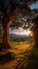 Fototapeta premium Scenic landscape featuring a majestic tree framing a grassy meadow and distant mountains at sunset, illuminated by warm golden light.