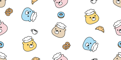 bear seamless pattern polar bear chef cooking food baked bakery croissant vector face head cartoon donut pretzel coffee cup doodle teddy tile background gift wrapping paper repeat wallpaper scarf isol