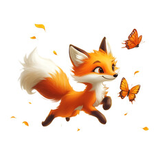 Cartoon Fox Chasing a Butterfly Isolated on Transparent Background