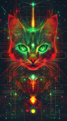 Abstract neon cat face with glowing lines and geometric designs
