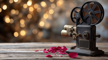 Fototapeta premium Vintage film projector on wooden table with scattered petals