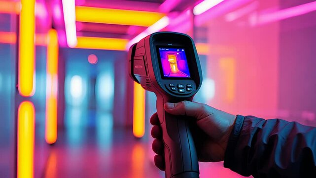 Hand holding infrared thermal imaging camera in futuristic hallway with vivid neon lights in pink, purple, and orange colors


