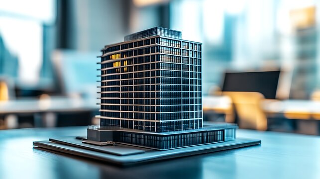 Detailed Model of a Commercial Building Set on a Real Estate Office Table in a Well-Lit Room
