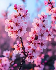 Fototapeta premium Close up of cherry blossom full bloom soft dewy mist hanging air Each delicate petal glisten morning light background softly blurred highlight fine detail of flower Perfect botanical photography fine