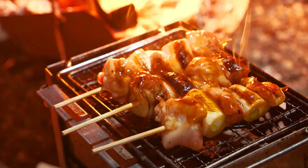 Juicy skewered meat and vegetables grilling over hot coals with flames rising, glazed with rich sauce and cooked to perfection on a charcoal grill.