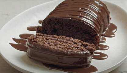 Moist chocolate loaf cake topped with rich chocolate ganache, sliced and served on a white plate with melted sauce spreading underneath.

