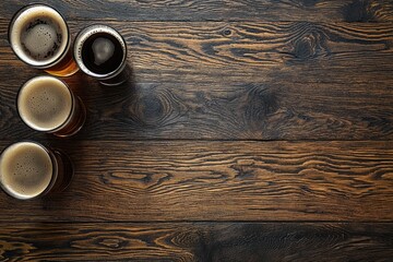 Top angle of beer tasting glasses on rustic wooden table with negative space, perfect for bar menu layouts, festival ads, and beverage event marketing designs