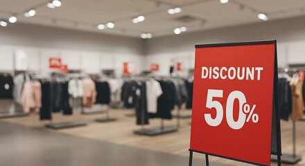 Discount Sign Indicating 50% Off in Modern Clothing Store  