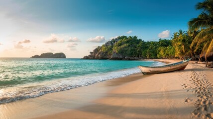 Obraz premium Secluded tropical beach with boat, palm trees, and reading tourists