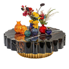 A Lavish Black Marble Coffee Table with Gold Detailing Isolated on Transparent Background
