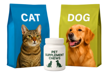  Pet food for dog and cat with supplement chews in modern packaging. PNG