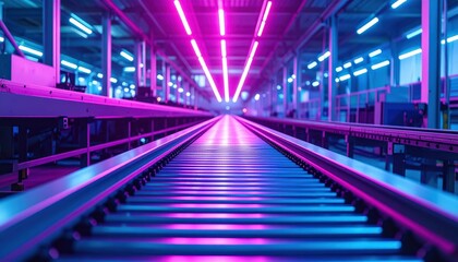 Fototapeta premium Modern Production Line with Neon Lights and Vibrant Colors