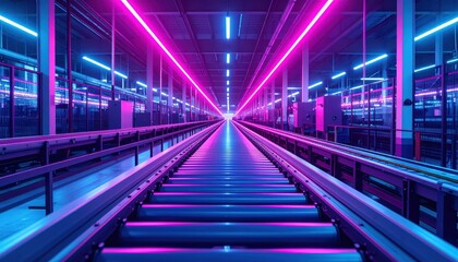 Fototapeta premium Futuristic Conveyor System with Neon Lights in Modern Warehouse