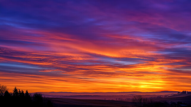 A breathtaking sunset landscape under a vibrant sky with clouds