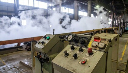 Industrial Control Panel in Workshop with Steam and Machinery