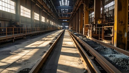 Fototapeta premium Abandoned Industrial Warehouse with Train Tracks Bathed in Light