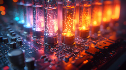 High-definition macro image of a circuit board with illuminated components and colorful reflections