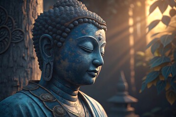 Serene blue buddha statue illuminated by warm sunlight in a peaceful garden setting