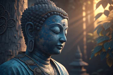Gordijnen Serene blue buddha statue illuminated by warm sunlight in a peaceful garden setting © ImageHome