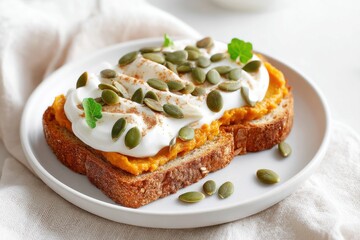 Delicious slice of whole grain bread topped with creamy yogurt, pumpkin puree, pumpkin seeds, and fresh mint leaves, showcasing a healthy breakfast option on a white plate