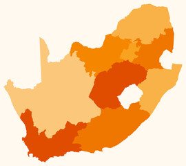 Map of South Africa with regions. Just a simple country border map with region division. Orange color palette. Blank South Africa shape with administrative division. Vector illustration.