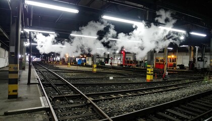 Vintage Train Station with Steam and Tracks at Night