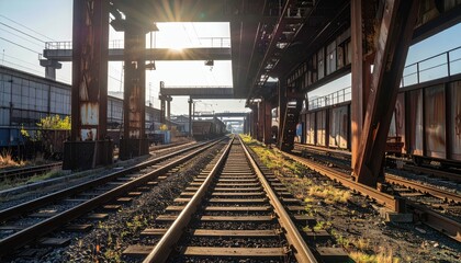 Tranquil Industrial Railway Tracks Under Bright Morning Sunlight