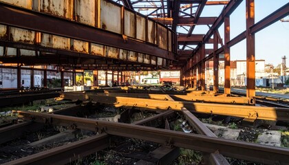 Obraz premium Abandoned Industrial Warehouse with Rusty Metal Framework and Tracks