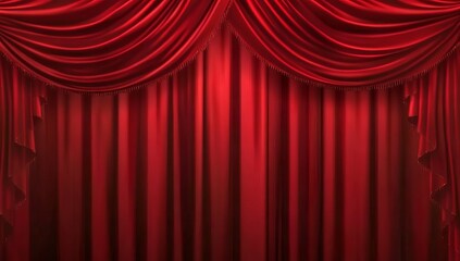Red velvet curtain background. Red fabric texture with soft folds and drapes. Vector illustration. 8K, ultra-detailed.