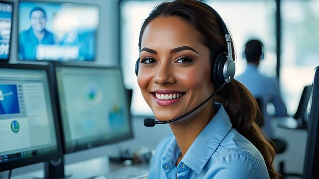 Smiling female customer service representative wearing headset while working at modern computer station inside bright office environment

