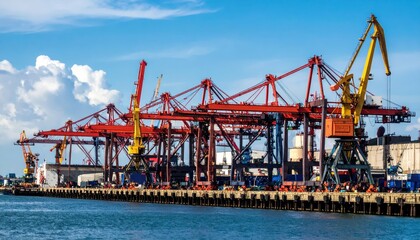 Red Cranes and Docked Ships at Busy Shipping Port Under Blue Sky