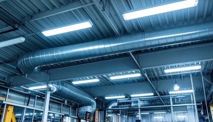 Obraz premium Industrial Interior with Ventilation Ducts and Bright Ceiling Lights
