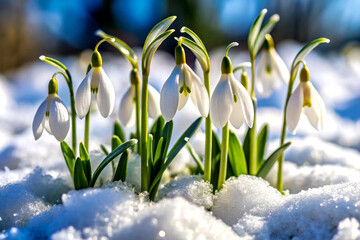 Snowdrops breaking through winter's blanket. Created with AI Generative