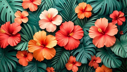 3D mural wallpaper of tropical hibiscus flowers and palm leaves, bright coral, orange and green colors.