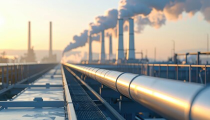 Industrial Pipe System Against a Sunset with Emissions in the Sky