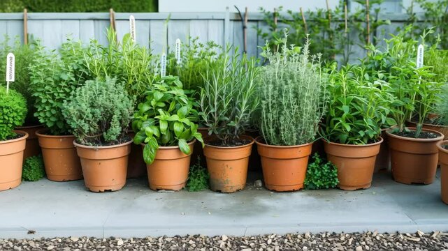 Variety of fresh culinary herbs growing in terracotta pots including basil, rosemary, thyme, and sage.