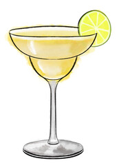 Lemon margarita coocktail hand drawn watercolor illustration png cut out