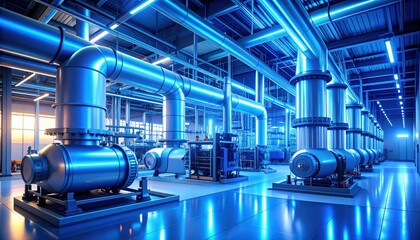Fototapeta premium Industrial Facility with Metallic Pipes and Pumps in Blue Lighting