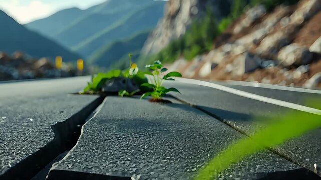 Cracked asphalt road with small green plant emerging from split pavement in mountain valley with blurred rocky landscape in background

