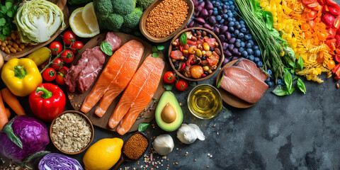 healthy foods, balanced diet ingredients, fresh vegetables and fruits, lean meats and fish, whole grains, superfoods