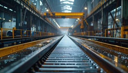 Fototapeta premium Industrial Warehouse with Rain on Train Tracks in Atmospheric Setting