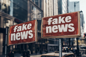 Obraz premium Two signs that say fake news are on a pole in a city. The signs are red and white