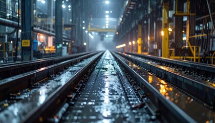 Obraz premium Wet Railway Tracks Under Industrial Ceiling With Rainy Atmosphere