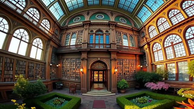 Grand Old Library Atrium with Lush Indoor Garden, Classic Architecture and Sunlight, Historical Education Space Concept