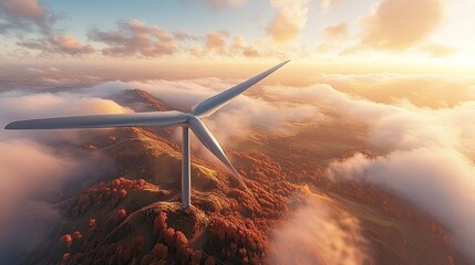 Elevated view of wind turbine atop a hill shrouded in clouds.
